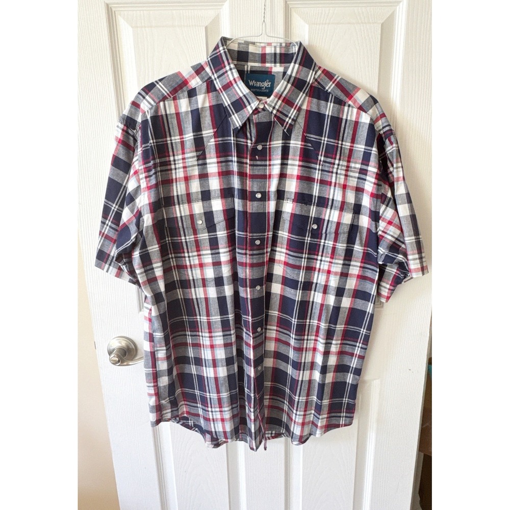 Wrangler Western Shirt Mens XL Short Sleeve Pearl Snap Plaid Red White Blue